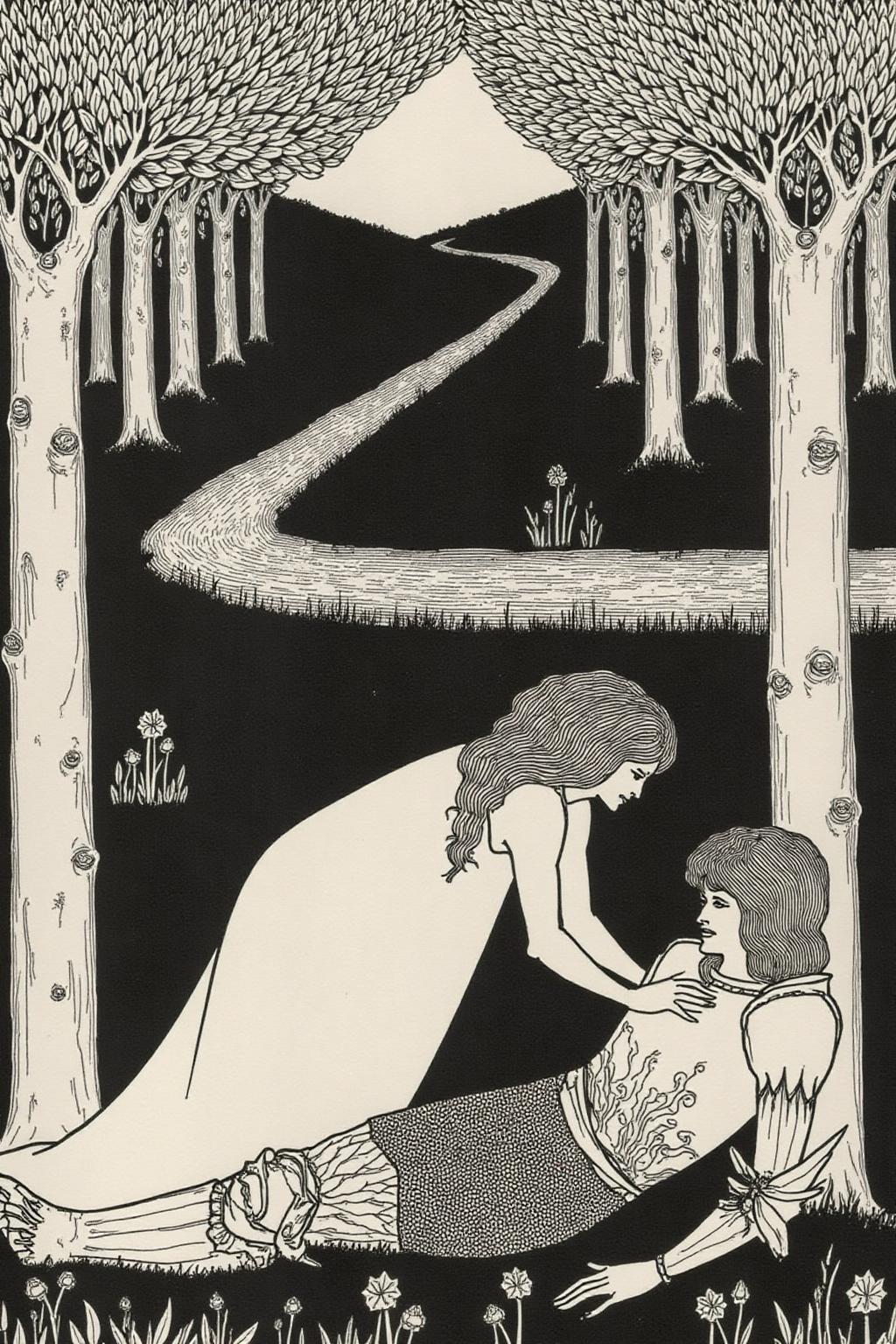 aubreybeardsley1 illustration.
A romantic scene in a forest. A woman with flowing hair and a flowing dress kneels beside a knight lying on the ground. The knight has short hair and a relaxed posture. The background features tall, stylized trees with intricate branches and a winding path. <lora:aubreybeardsley3_cap_d6a3e12:1.0><lora:844799515987939615:0>