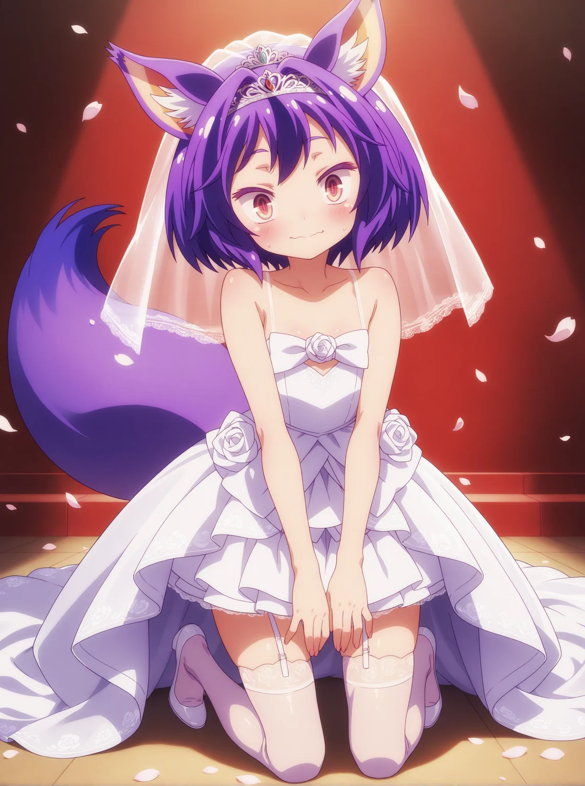 best quality,amazing quality,<lora:izuna:1>,izuna,fox tail,purple hair,full body,thighhighs,kneeling,wedding_dress,