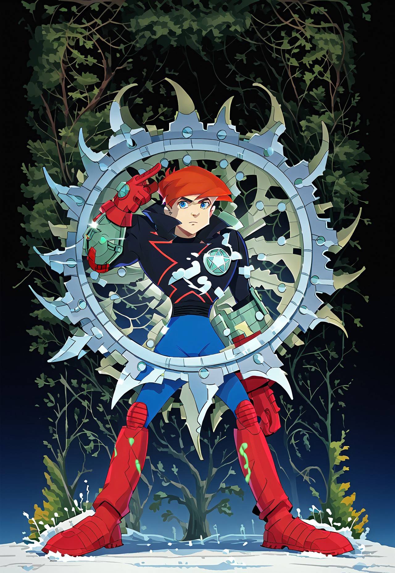 score_9, score_8_up, score_7_up, dynamic pose, full body shot, full body, source_anime, masterpiece, best quality, 1boy, James Rogers, Blue Eyes, Red Hair, Hero Costume, Black Jacket, Blue Pants, Red Gloves, Red Boots and Kneepads, one mechanical bracer, single bracer, bracer on left arm,  Transparent Shield. easynegative, ng_deepnegative_v1_75t, negative_hand, verybadimagenegative_v1.3, dark, chiaroscuro, low-key, pam-flwr, dark, chiaroscuro, low-key,  easynegative, Expressiveh, thick outline, white outline