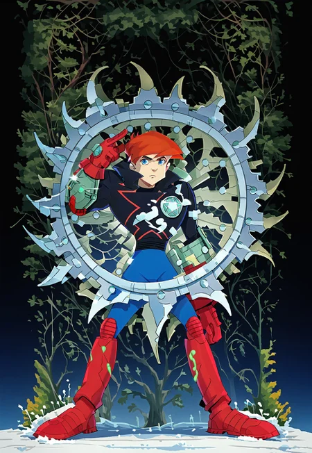 score_9, score_8_up, score_7_up, dynamic pose, full body shot, full body, source_anime, masterpiece, best quality, 1boy, James Rogers, Blue Eyes, Red Hair, Hero Costume, Black Jacket, Blue Pants, Red Gloves, Red Boots and Kneepads, one mechanical bracer, single bracer, bracer on left arm, Transparent Shield. easynegative, ng_deepnegative_v1_75t, negative_hand, verybadimagenegative_v1.3, dark, chiaroscuro, low-key, pam-flwr, dark, chiaroscuro, low-key, easynegative, Expressiveh, thick outline, white outline