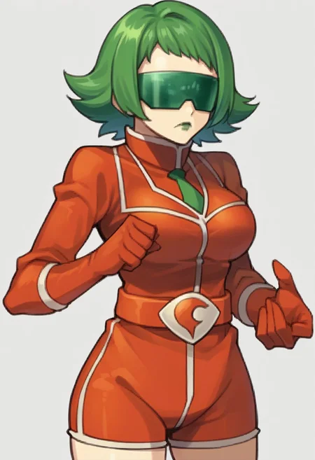 score_9, score_8_up, score_7_up, source_anime, 1girl, echoesportraits, cowboy shot, solo, white background,pkmnbryony, short hair, flipped hair, tinted eyewear, green lips, orange suit, orange compression shorts, orange elbow gloves, turtleneck, green necktie, belt, big breasts, serious, open hands, w arms