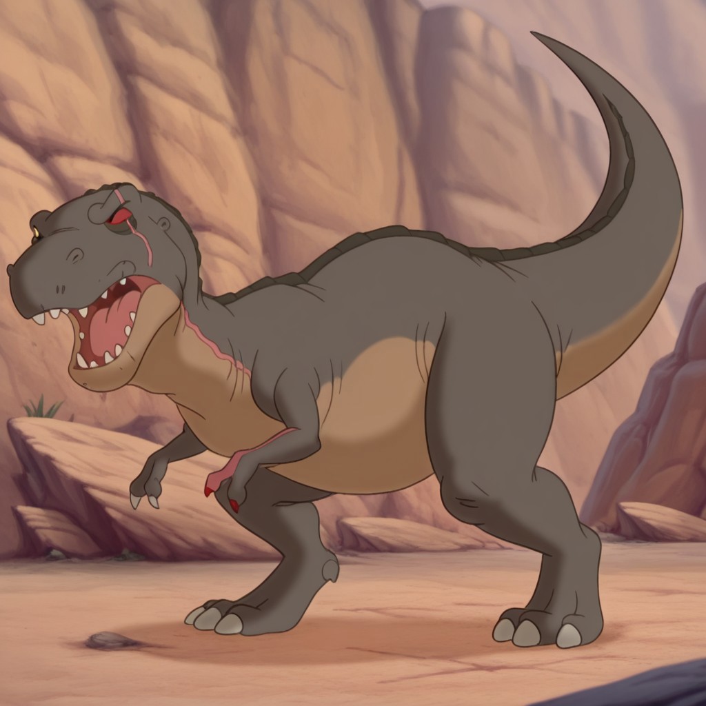 masterpiece, best quality, amazing quality, redclawlbtil, feral, male, Tyrannosaurus, brown skin, scar, one red sclera, one yellow sclera, black eyes, pink scar, outside,   fully body,  solo, one red finger claw, open mouth, roar