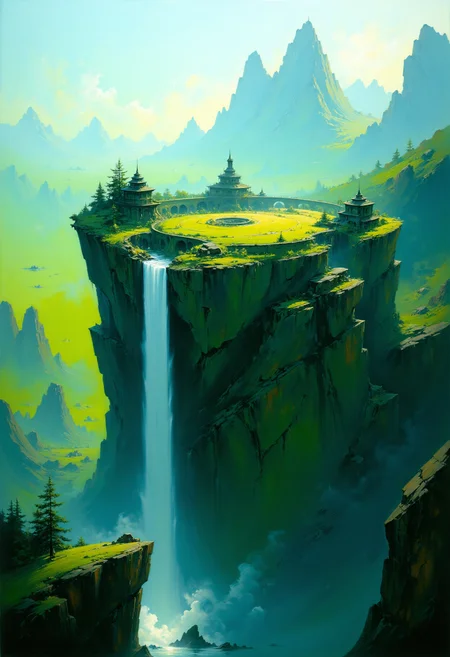 A beautiful expressive painting.
This is a highly detailed, digitally rendered fantasy landscape featuring a majestic, circular stone structure perched atop a towering cliff. The structure, resembling a medieval castle, has an open central courtyard surrounded by lush greenery. A cascading waterfall plunges down the sheer rock face, creating a misty veil that adds to the ethereal atmosphere. The sky above is partially obscured by soft, wispy clouds, casting a gentle, diffused light over the scene. The image is captured from a slightly elevated angle, providing a grand view of the structure and its natural surroundings. The aesthetic quality of the image is very high, with a rich palette of greens, browns, and blues that evoke a sense of wonder and tranquility.
<lora:articp01_epoch_13:1>
