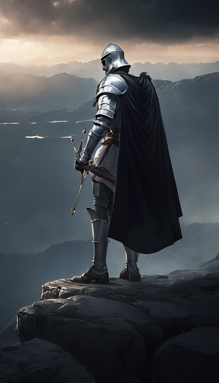 A man dressed in a knight's outfit, including a white cape and a cross on his chest, is standing on a rocky hill. Holding a crossbow, ready to defend or protect. Dark sky adding a dramatic atmosphere. Cinematic scene, hero view, action pose, detailed background, masterpiece, best quality, high quality, highres, absurdres, Greg Rudkowski <lora:greg_rutkowski_xl_v1:1>