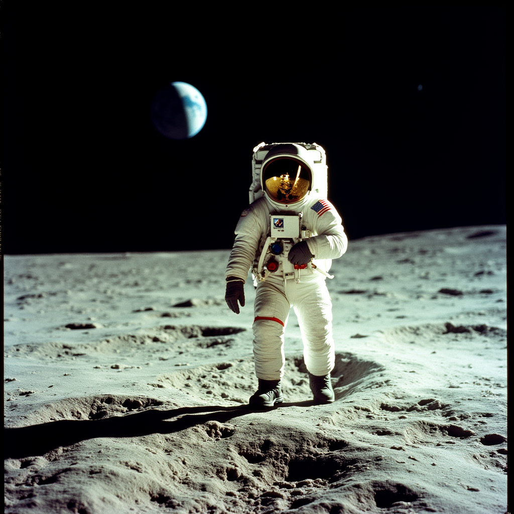 <lora:Kodak Motion Picture Film style v1:1>
Film grain still image of an astronaut walking on the moon with a helmet on,solo,gloves,holding,standing,full body,shadow,moon,helmet,1other,space,planet,ambiguous gender,earth (planet),american flag,spacesuit,space helmet,astronaut , cinematic look, film look, filmic, contrast, detailed, high quality, sharp image, film color, Kodak Motion Picture Film style, different color, different people, different look, different style, 35MM Film, 16MM Film, Photographic film, music video style, artistic style, cinematic style, film granularity, film noise, image noise, artistic effect, Fujicolor, Fuji film, Analog photography, movie style, movie still, Film grain overlay, Film Grain style