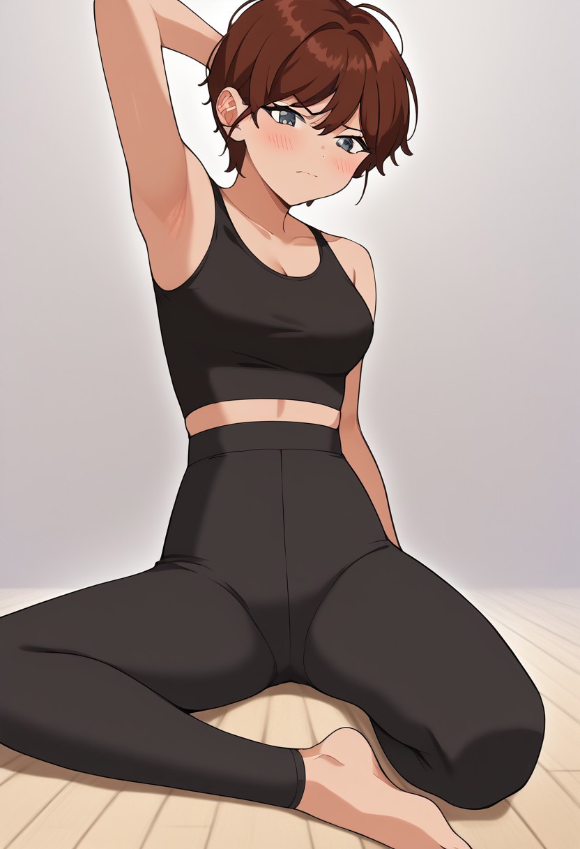 Masterpiece, Highest Quality, Score_9, Score_8_up, Score_7_up, source_anime. anime style. masterpiece, highres, absurdres. Best resolution.
solo. handfixer. embarrassed.
song jiwoo. 1girl. brown hair. short hair. gray eyes. tomboy. 
yoga pants. black pants. black top. midriff
yoga. sitting posture
pulling clothes to show armpit. hold clothes with one hand