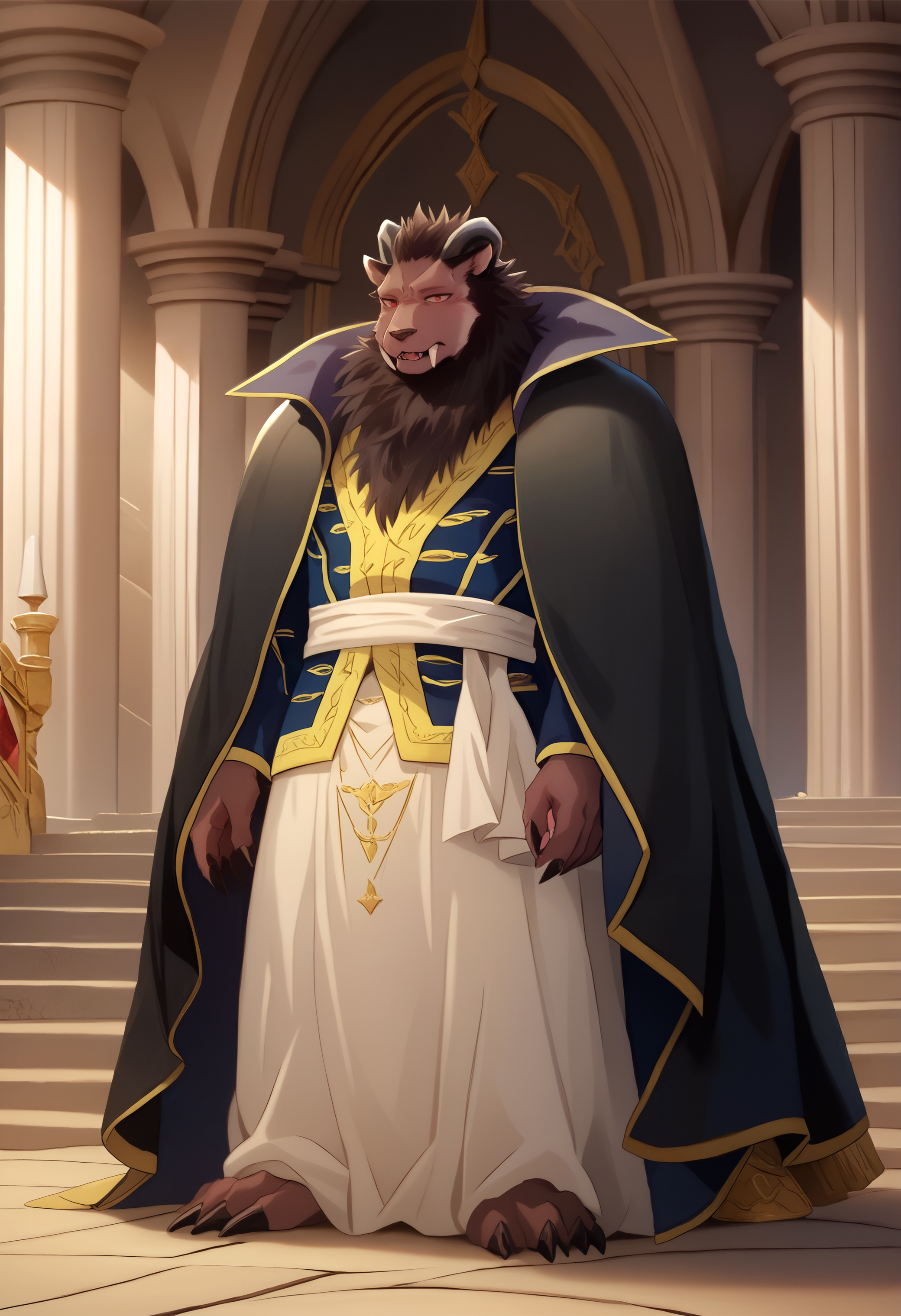 score_9, score_8_up, score_7_up, 8k, detailed design, detailed background, detailed characters, masterpiece, anthro only, furry only, 1boy, solo, l30nh4rt, bara, black cape, blue tunic, white dress, white sash,  full body,  castle,