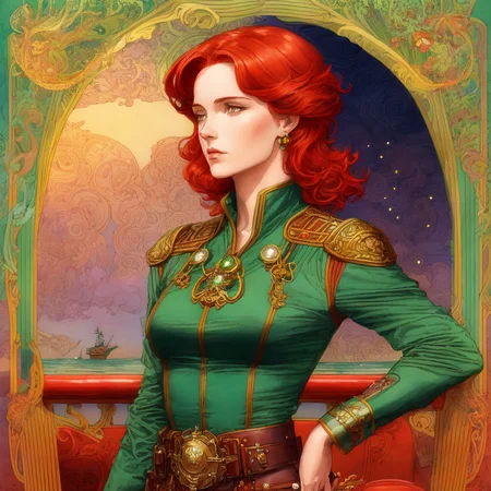 painting, portrait, half body Art Nouveau Style, a red haired soldier, short hair, on deck of a steamboat, dark style, dark sky, green military uniform, breen base cap, steampunk by moebius, masterpiece, best quality, intricate, highly detailed:1.1, drawing, Jean Giraud, <lora:add_detail:1>, <lora:Moebius:0.7>, <lora:Nouveau_last:1> border, muted colours,