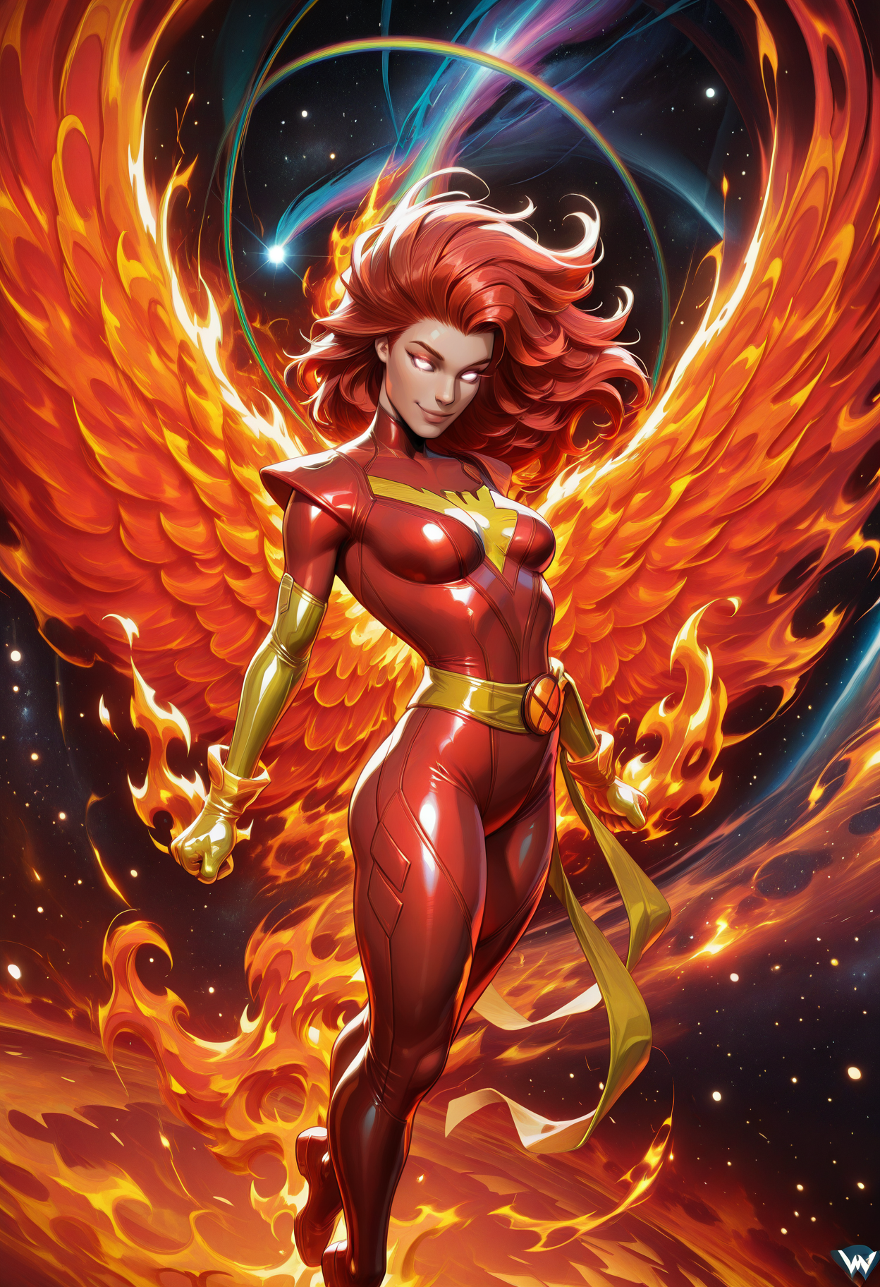 (EyesHD:1.2), masterpiece, best quality, amazing quality, highres, absurdres, very aesthetic, very awa, western, MarvelRivals, semi realistic, cartoon, shiny skin, skindentation, 1girl, solo, end_jngr3y, long hair, red hair, gradient hair, floating hair, small breasts, BREAK, white eyes, red hair, glowing eyes, no pupils, yellow sash, skin tight, multicolored bodysuit, red bodysuit, phoenix symbol, latex, yellow gloves, space print, BREAK, looking at viewer, dynamic pose, full body, smile, half closed eyes, light particles, magic, fire, fiery hair, pyrokinesis, swirling fire, surrounded by fire, floating hair, floating, flying, midair, arms at sides, clenched hands, cowboy shot, dutch angle, space background, space, galaxy, colorful palette, rainbow gradient, hyper detailed, volumetric lighting, lazypos, <lora:AMarvelRivals_style-06:1.0000000000000002> <lora:Jean_Grey_X-men_Character_LoRA_Illustrious:0.9000000000000001> <lora:illustrious_quality_modifiers_masterpieces_v1:1.0000000000000002> <lora:spo_sdxl_10ep_4k-data_lora_webui:0.8000000000000002>