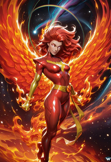 (EyesHD:1.2), masterpiece, best quality, amazing quality, highres, absurdres, very aesthetic, very awa, western, MarvelRivals, semi realistic, cartoon, shiny skin, skindentation, 1girl, solo, end_jngr3y, long hair, red hair, gradient hair, floating hair, small breasts, BREAK, white eyes, red hair, glowing eyes, no pupils, yellow sash, skin tight, multicolored bodysuit, red bodysuit, phoenix symbol, latex, yellow gloves, space print, BREAK, looking at viewer, dynamic pose, full body, smile, half closed eyes, light particles, magic, fire, fiery hair, pyrokinesis, swirling fire, surrounded by fire, floating hair, floating, flying, midair, arms at sides, clenched hands, cowboy shot, dutch angle, space background, space, galaxy, colorful palette, rainbow gradient, hyper detailed, volumetric lighting, lazypos, <lora:AMarvelRivals_style-06:1.0000000000000002> <lora:Jean_Grey_X-men_Character_LoRA_Illustrious:0.9000000000000001> <lora:illustrious_quality_modifiers_masterpieces_v1:1.0000000000000002> <lora:spo_sdxl_10ep_4k-data_lora_webui:0.8000000000000002>