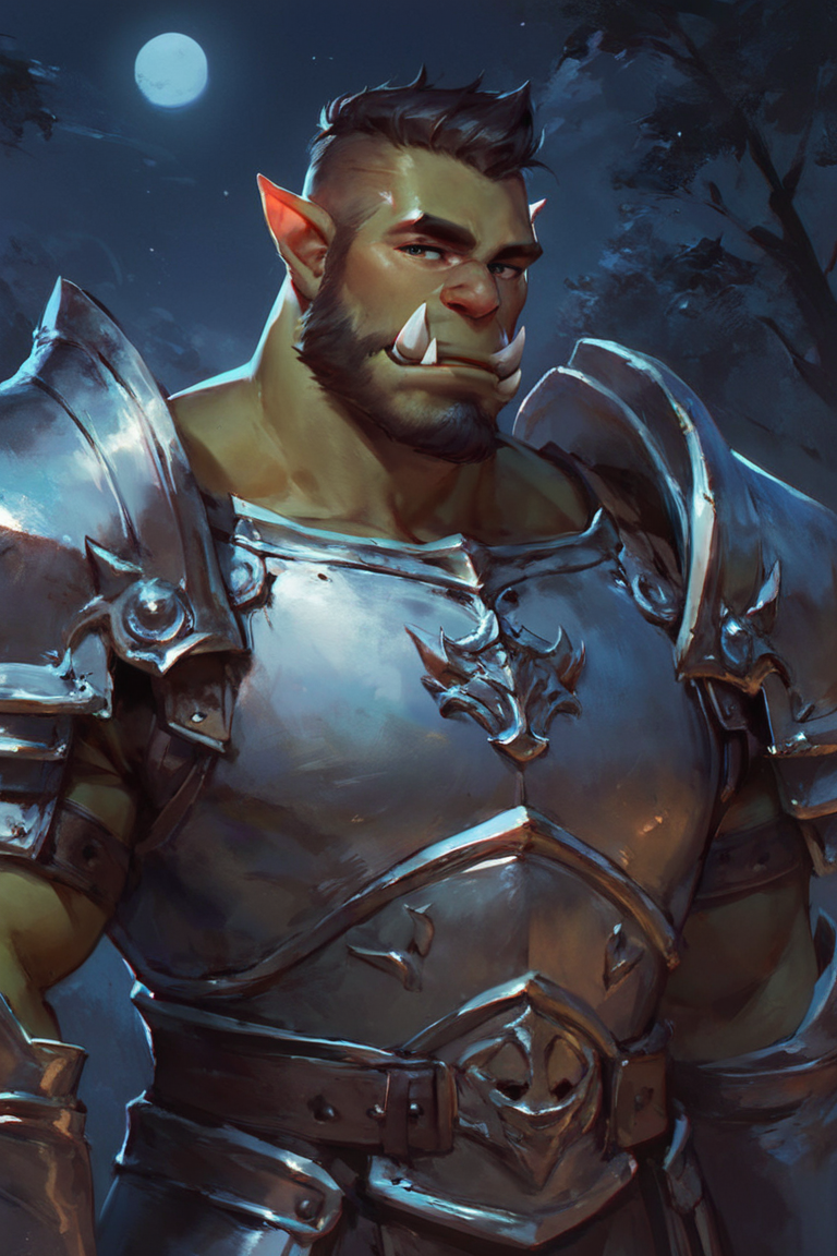 score_9, score_8_up, score_7_up, solo, male focus, mature male, orc, green skin, tusks, beard, outdoors, armor, looking at viewer, shoulder armor, breastplate, upper body, closed mouth, pauldrons, night, night sky, standing <lora:Concept Art Twilight Style SDXL_LoRA_Pony Diffusion V6 XL:1>