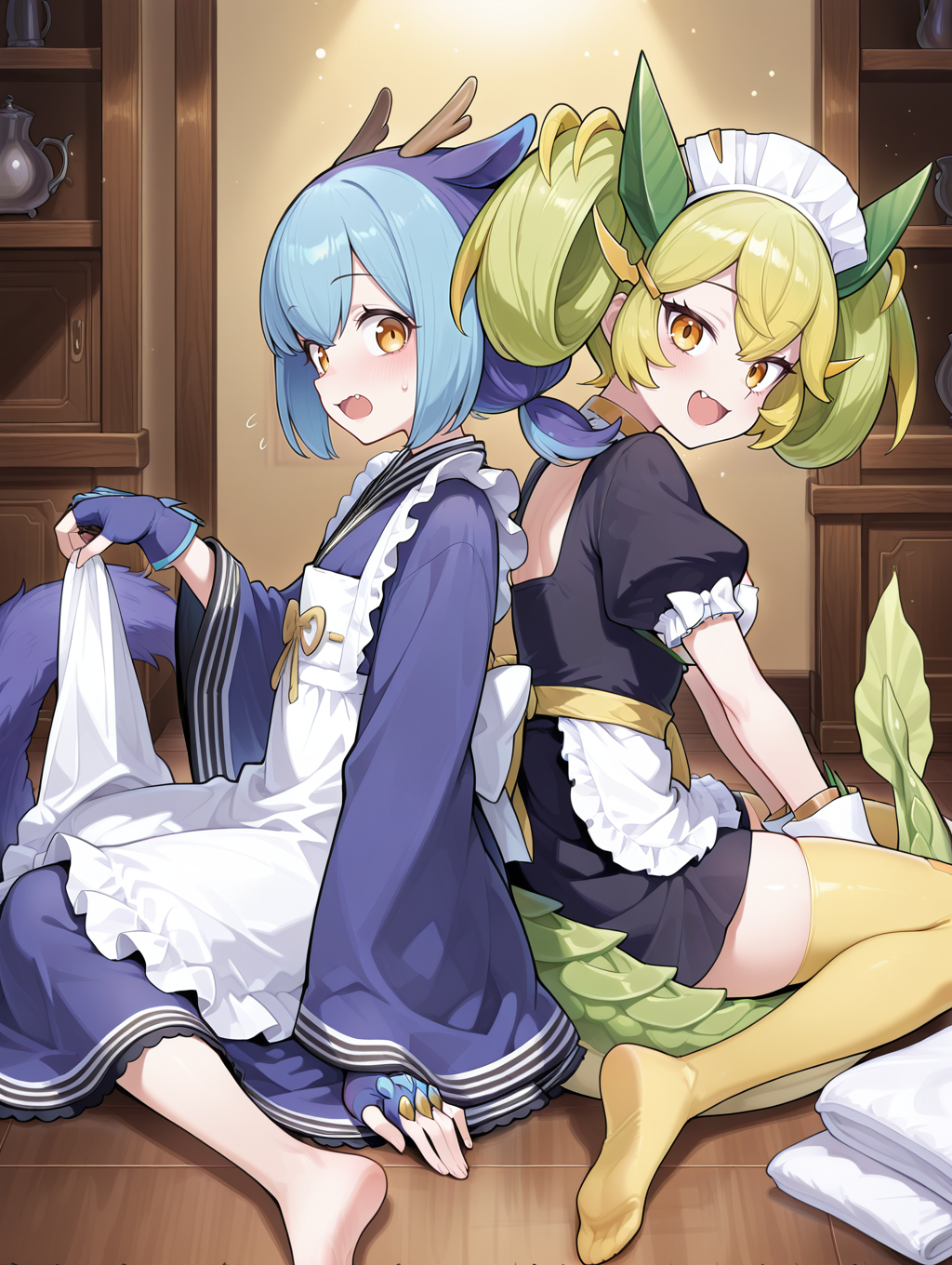 2girls, indoors, from side, laundry dragonmaid, blue maid outfit, blue fingerless gloves, holding clothes, barefoot, back-to-back, parlor dragonmaid, arms support, white detached collar, white maid headdress, black maid costume, yellow thighhighs, white wrist cuffs, open mouth, sitting,
masterpiece,best quality,amazing quality,very aesthetic,absurdres,newest,<lora:parlor dragonmaid illuXL v1.1:0.74>,