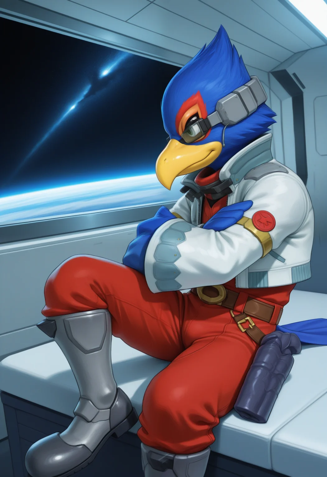 masterpiece,best quality, amazing quality, 1boy, solo, ,f4lc0, bird boy, brown belt, green scouter, grey headset, purple holster, red jumpsuit, silver armored boots, tail, white jacket, sitting,
space, space ship, bedroom,