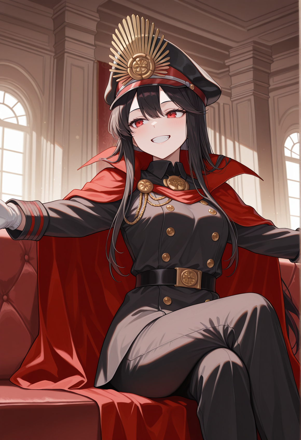 1girl, long hair, black hair, red eyes, peaked cap, military uniform, cape, jewelry, white gloves, figure four sitting, outstretched arms, relaxing, couch, indoors, mansion, smile, grin, teeth   <lora:nobunaga_illus:1>, masterpiece, best quality, amazing quality, very aesthetic, absurdres, highres, newest