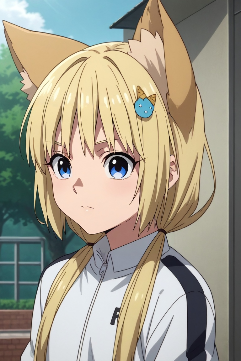 score_9, score_8_up, score_7_up, source_anime, rating_safe, , anime screencap, , official style, , , 1girl, solo, <lora:kon_kemono_jihen_pony:0.82>, kon_kemono_jihen, blonde hair, blue eyes, long hair, twintails, low twintails, bangs, animal ears, hair ornament, , , , <lora:sdxl_lightning_8step_lora:1>