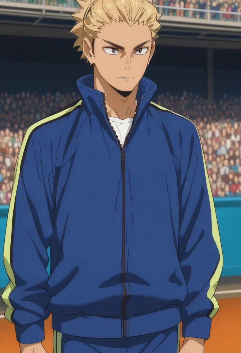 score_9, score_8_up, score_7_up, source_anime, rating_safe, Ukaikyu, 1boy, male focus, anime screencap, track jacket, white shirt, pants, cut off legs,