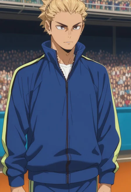 score_9, score_8_up, score_7_up, source_anime, rating_safe, Ukaikyu, 1boy, male focus, anime screencap, track jacket, white shirt, pants, cut off legs,