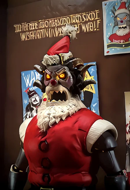 r0b0t_s4nta_c1aus, robot santa claus vs krampus, robot santa on the left, and krampus on the right,dramatic face-off, intense boxing poster, epic anime movie poster
