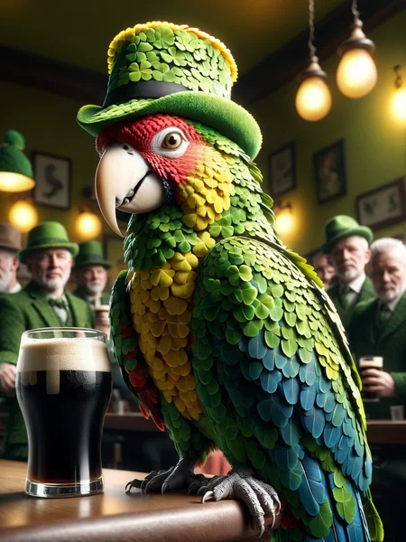cinematic shot, dramatic lighting, (parrot made mad-lkyclvr:1.4), irish hat, drinking a Guinness, in a crowded pub <lora:Lucky_Clover_SDXL:1.2>, (masterpiece:1.2), best quality, (hyperdetailed, highest detailed:1.2), high resolution textures