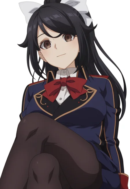 <lora:Chloe WELTER_illustrious-000020:1>,
(LTGSR)_Chloe,brown eyes,high ponytail,black hair,white bow,long hair,
red bowtie,blue skirt,white shirt,black pantyhose,blue jacket,
smile,closed mouth,cowboy_shot,sitting,crossed_legs,from_below,white background