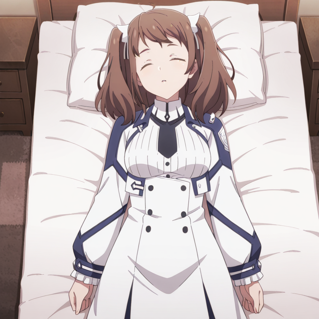 nsfw, masterpiece, best quality, amazing quality, 1girl, solo, the_misfit_of_demon_king_academy_misa_ilioroagu, sleeping, lying, on back, twintails, closed eyes, brown hair, ribbon, hair ribbon, bedroom, bed, <lora:Misa_Ilioroagu_-_The_Misfit_of_Demon_King_Academy:0.7>