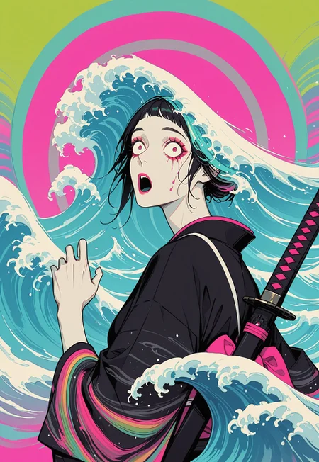 vdsur, surreal, colorful background, upper body, solo, facing viewer, looking back, fleeing, kimono, waves, katana, wide-eyed, open mouth