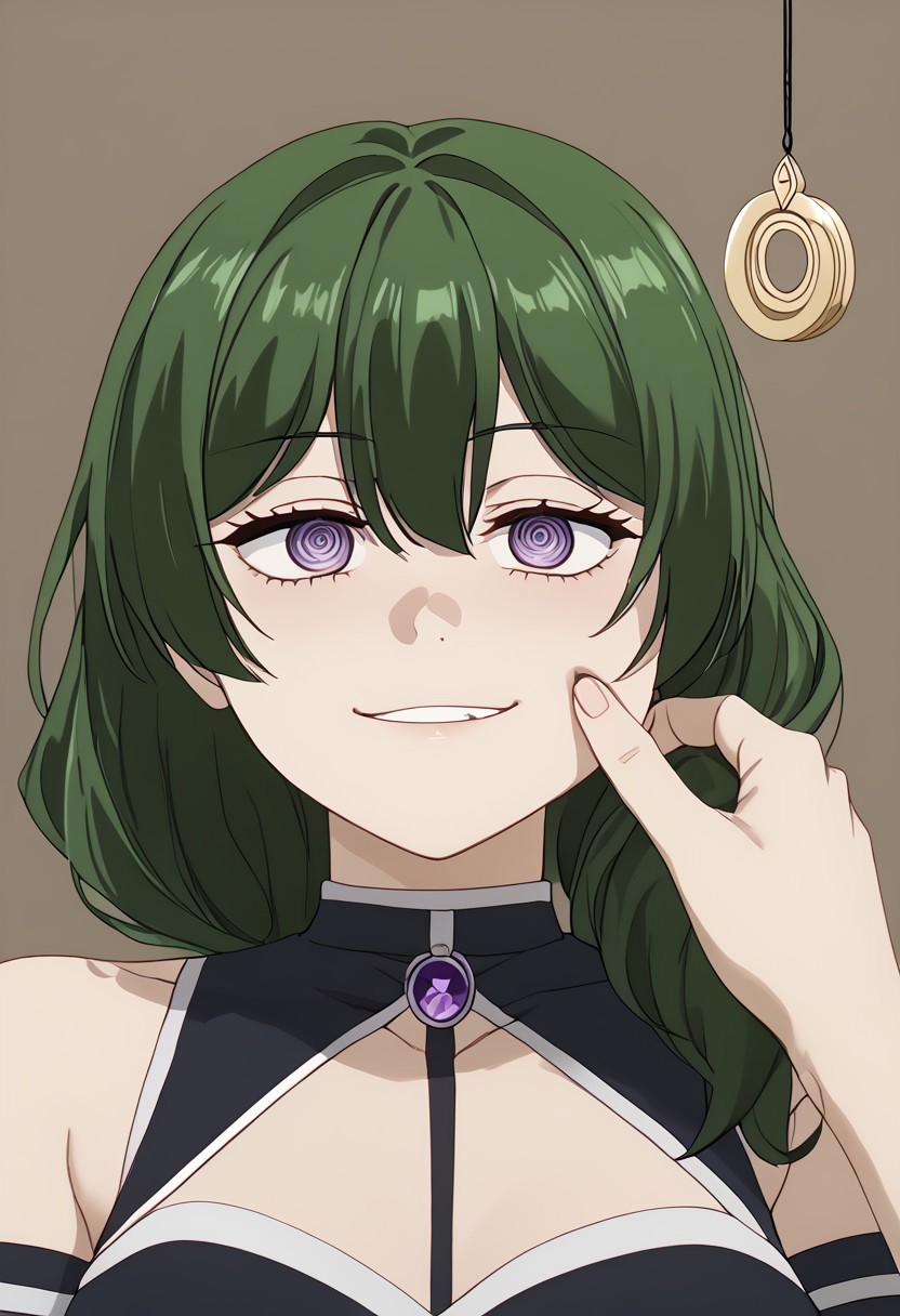 Ubel being hypnotized,
score_9, source anime, lewd, 1girl,
mind control, hypnotized, spiral eyes, blank stare, half lidded eyes, expressionless, slack jaw, (hypnotic pendulum in face), drooling, small smile,
cheek pinching, pov hands, ((pov holding pendulum)),
ubel, green hair, bangs, hair between eyes, side ponytail, purple eyes,