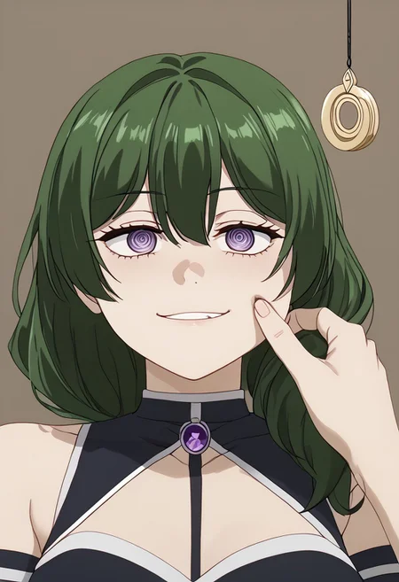 Ubel being hypnotized,
score_9, source anime, lewd, 1girl,
mind control, hypnotized, spiral eyes, blank stare, half lidded eyes, expressionless, slack jaw, (hypnotic pendulum in face), drooling, small smile,
cheek pinching, pov hands, ((pov holding pendulum)),
ubel, green hair, bangs, hair between eyes, side ponytail, purple eyes,