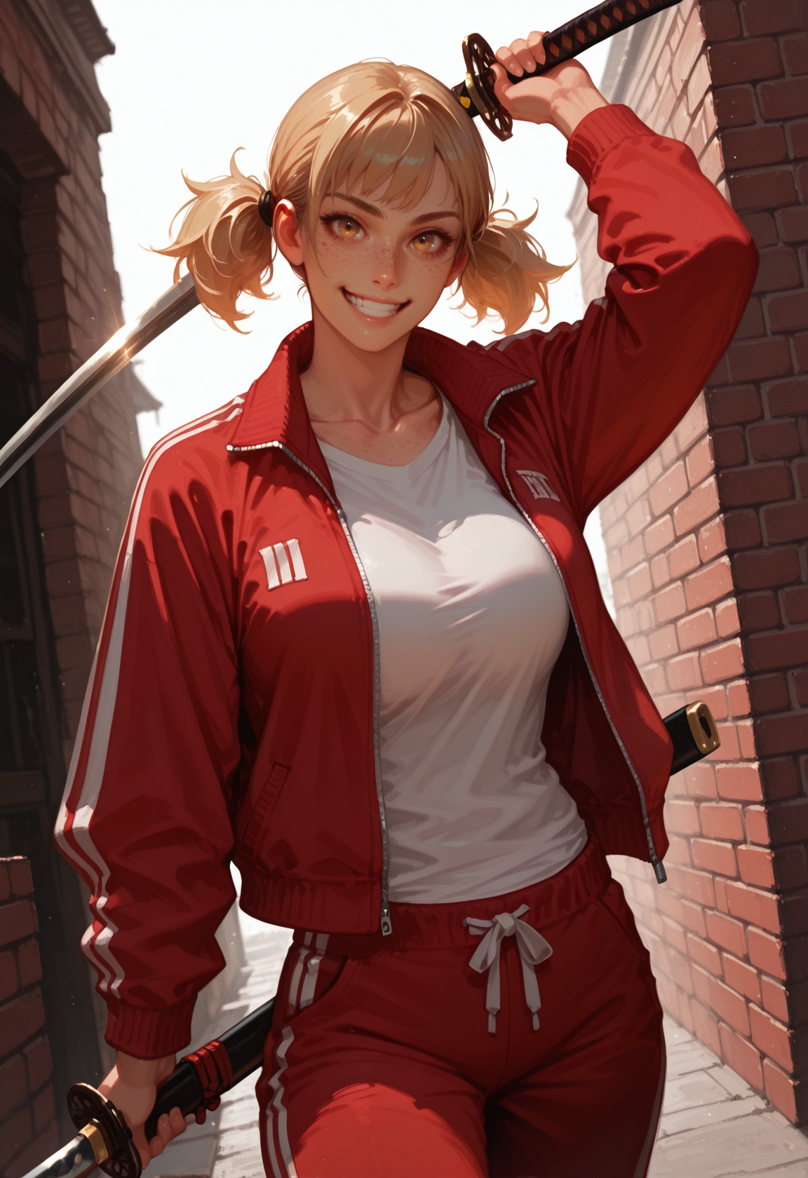 1girl, sword, weapon, blonde hair, solo, twintails, jacket, holding sword, red jacket, holding weapon, holding, smile, pants, shirt, brown eyes, track pants, freckles, white shirt, katana, looking at viewer, red pants, track jacket, open jacket, open clothes, sheath, track suit, grin, collarbone, brick wall, cowboy shot, long sleeves, arm up, unsheathed, holding sheath, teeth, yellow eyes, short twintails, standing, scabbar, masterwork, masterpiece, best quality, dynamic lighting , dynamic pose,,  dynamic angle, , , (realistic:1.2), (lineless:1.2), detailed, <lora:Detailer_NoobAI_Incrs_v1:0.75>, , aged up, adult, depth of field, dynamic lighting, blurry, cheekbones,