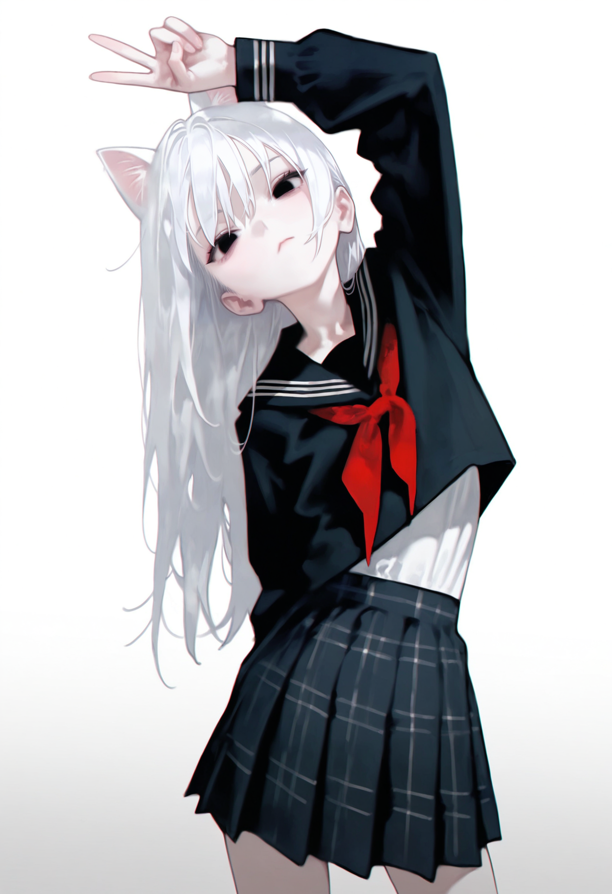 deadpurity,
1girl, animal ears, arm up, black dress, black shirt, cat ears, closed mouth, dress, head tilt, long hair, long sleeves, looking at viewer, plaid clothes, plaid skirt, vantablack eyes, sailor collar, serafuku, shirt, skirt, solo, v, white background, white hair, dynamic pose, disdain, vantablack shirt,
, masterpiece, best quality, good quality,
<lora:ai_styles_collection_noob_v29_v5:1>