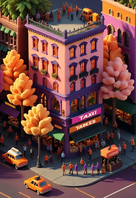 ispzxll, diorama, isometric, miniature, vintage busy street corner scene, halloween, costumes, golden hour, pink orange purple long shadows, volumetric lighting style, pedestrian crowds, parked cars, traffic light, storefronts, taxi cab, trash can, massive trees, epic architecture, intricate details, potted plants, ultra-detailed, 8k, fluffy clouds and setting sun in background