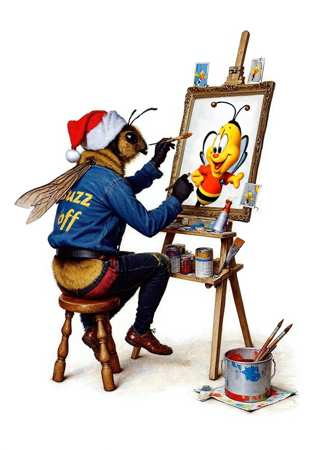The image is of a black and yellow bumble bee, sitting on a stool in front of an easel. The bumble bee is holding a paintbrush and appears to be in the process of painting a portrait of himself. The bumble bee is wearing a red and white Christmas hat and blue shirt with the words, “Buzz off” written on the back in bright yellow words. The bee is sitting on the stool with his back and stinger pointing to the camera. On the easel, there is a large portrait of the bee’s face, which is drawn in black and white. The portrait is framed in a gold-colored frame and is surrounded by various art supplies such as paintbrushes, paint cans, and a bucket of paint. There are also several smaller portraits hanging on the wall behind the bee. The background is white, and the overall mood of the image is one of concentration and focus.

**BuzzBee (Honey Nut Cheerios Mascot) was done via inpainting through Fooocus**