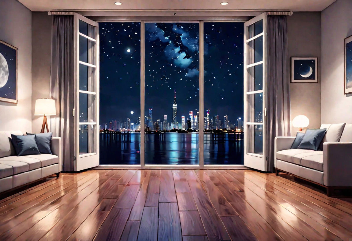 ((((front view)))), Shallow scene, ((animation style)), (((City high-rise building scenery))), ((((City scenery outside the window)))), ((sense of mystery)), (night), starry sky, moonlight, (weak light), (Facing the window), (open window), modern-style interior, Wooden floor, with white walls, (large windows), ((sofa and coffee table by the window sill)), a living room, (((Sofa placed horizontally))), (Behind the sofa is the window sill),