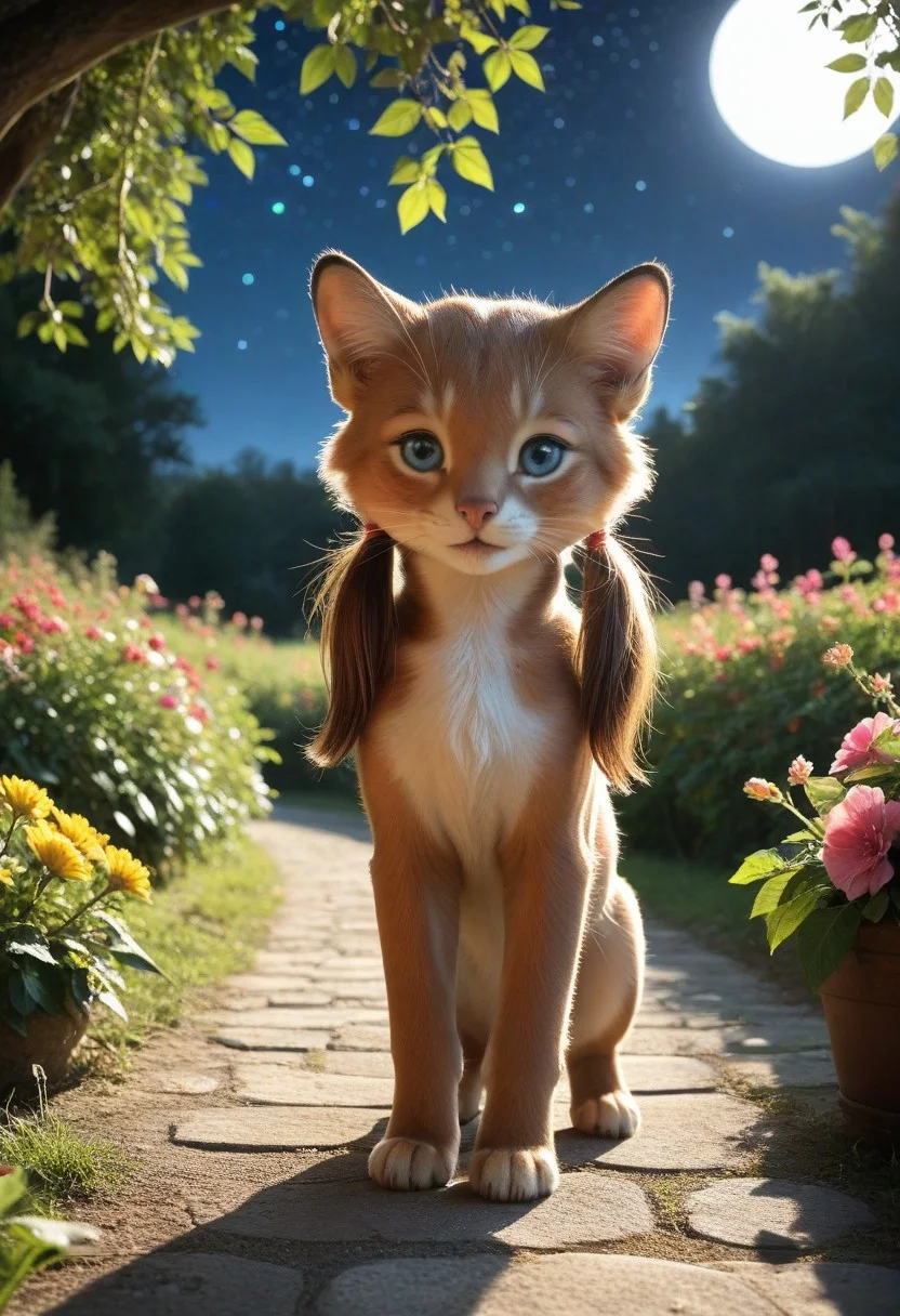 (masterpiece:1.5), 8k, best quality, ultra-detailed, (high res), cinematic lighting, beautiful lighting, high quality, studio quality, detailed, insanely detailed, extreme detail, refined detail, perfect detail, max detail, smooth lighting, detailed background, hyper detailed body, beautiful lighting, vibrant lighting, global illumination, absurdres, high-res, dynamic lighting, score_9, score_8_up, score_7_up, ponypositive, 50 girl, looking at viewer, (narrow waist, skinny, small body, slim), (outdoors, floral garden), bright lighting, daylight, sunshine, cute, kawaii, (closed mouth), happy, ((standing)), alone, gleaming eyes, large eyes, ((cowboy shot)), (hands at the sides), (rating_safe, sfw), source anime, <lora:xl_more_art-full_v1:0.8> , PonyXLV6_Scores, unity 8k wallpaper, perfect anatomy, <lora:PerfectEyesXL:1> , perfect eyes, <lora:hand 5.5:1> , perfect hands, detailed hands, winnie, furry female, brown fur, blue eyes, low twintails, earrings, chibi, night, starry skies, moonlight, large Moon,
