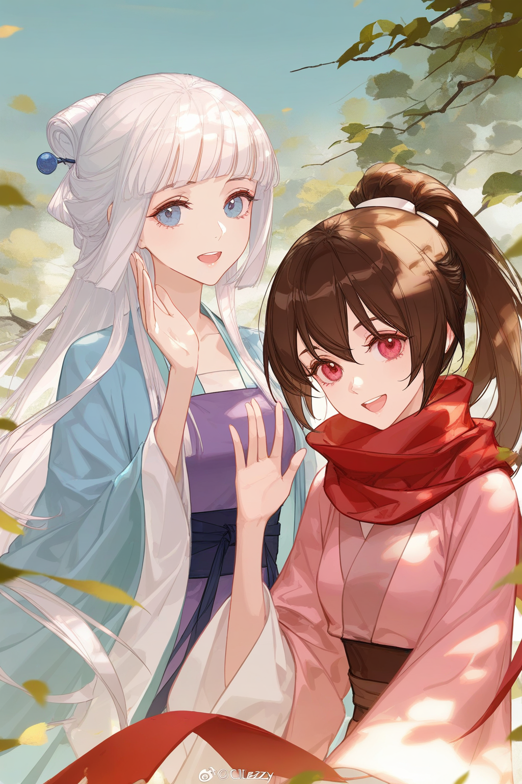 artist:ask_(askzy),artist:yolanda,[artist:WANKE],artist:ciloranko,multicolored,<lora:fenglingyuxiu-000018:0.6>, -fenglingyuxiu, 2girls, multiple girls, blue eyes, long hair, brown hair, ponytail, white hair, smile, upper body, hair ornament, open mouth, waving, hand up, red eyes, long sleeves, hanfu, upper teeth only, scarf, looking at viewer, sash, red scarf, teeth, wide sleeves, hair bun, chinese clothes