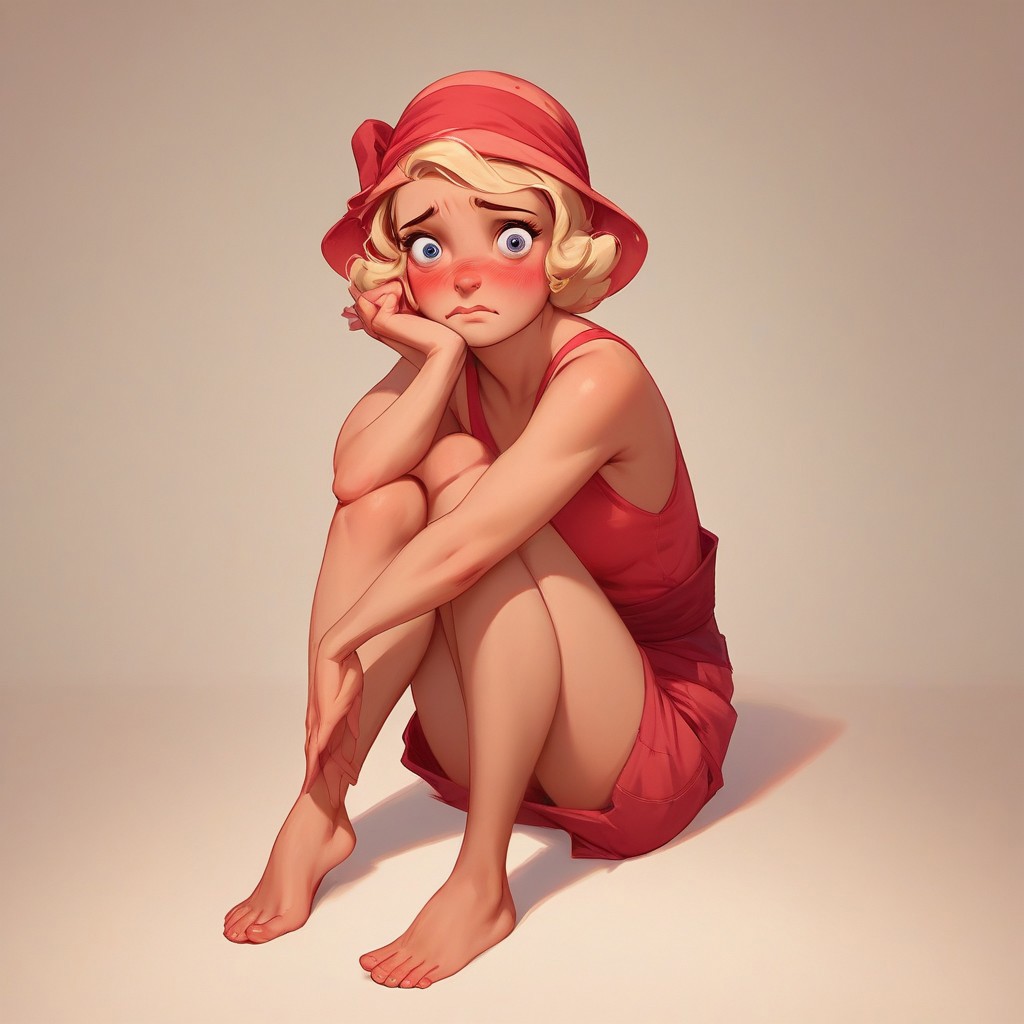 score_9, score_8_up, score_7_up, score_6_up, score_5_up, score_4_up, CLaBouff, 1 girl, blond hair, sitting on the floor, looking at viewer, barefoot, embarrassed, blushing