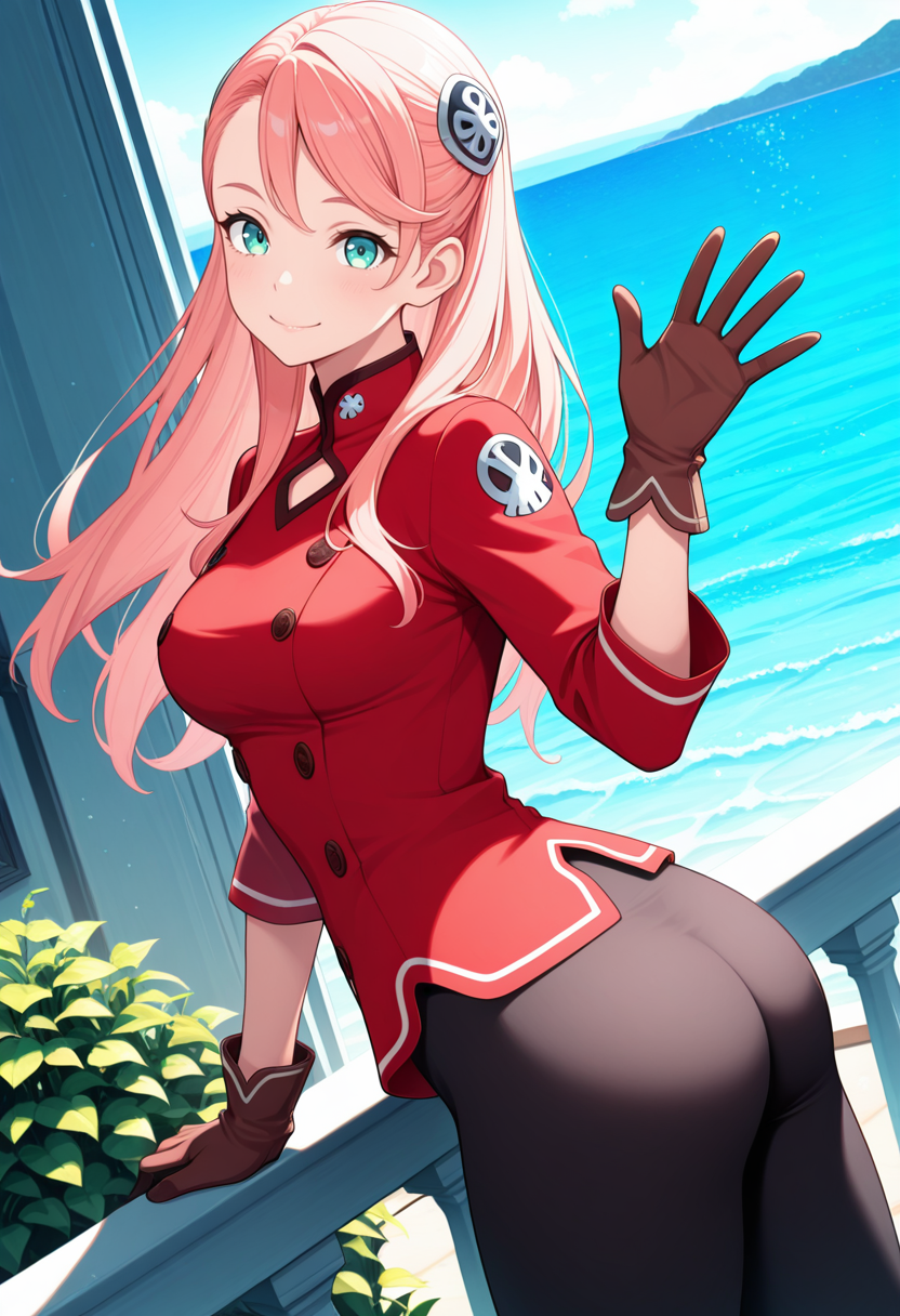 masterpiece,best quality,amazing quality,
greco_aida, 1girl, long hair, pink hair, hair ornament, teal eyes, lower lip, medium breasts, red shirt, high collar, buttons, emblem on shoulder, brown gloves, black leggings, garden, arm support, dutch angle, (ass), railing, window, ocean, from side, looking at viewer, smile, waving,