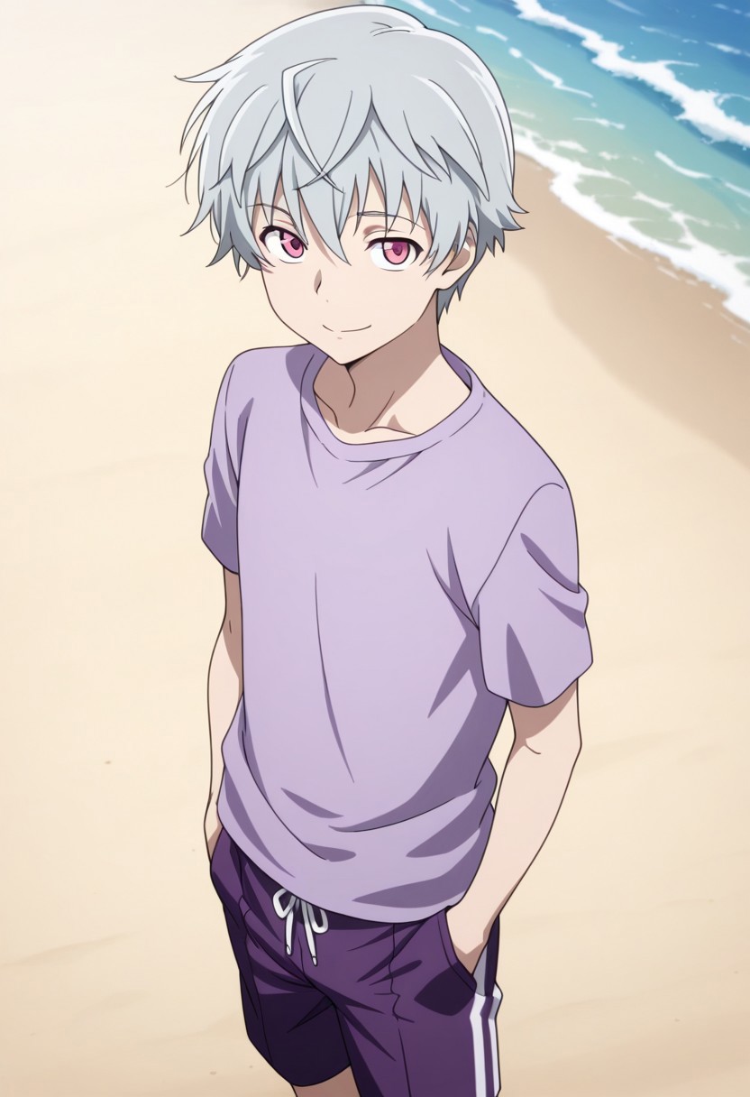masterpiece,best quality,amazing quality, source_anime, 
aruakise, 1boy, male focus, solo, pink eyes, grey hair, purple t-shirt, swim trunks, beach, smile,