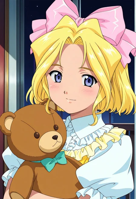 detailed eyes, beautiful, detailed background, perfect eyes,
source_anime, very aesthetic, anime coloring, masterpiece, official art,
<lora:HandFineTuning_XL:1>
BREAK,
indoor,
holding teddy bear,
light smile, blush,
BREAK,
<lora:iris_illustrious_v01:0.9>
irisBase, blonde hair, blue eyes, hair bow, pink bow, short hair, parted bangs, yellow dress, white puffy sleeves, short sleeves, layered dress, yellow frills,