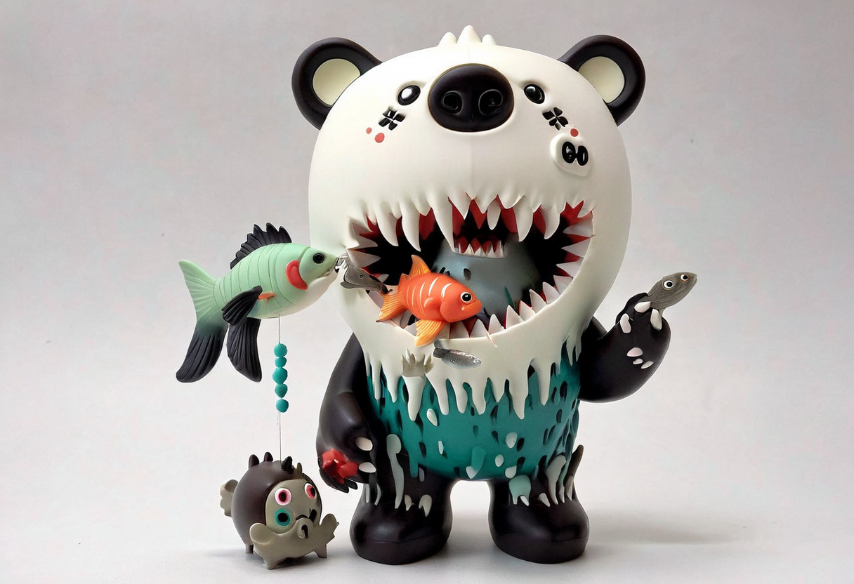 creepy bear eating fish, gmrndnr, vinyl figure, whimsical 3d character <lora:gmrndnr_v0.0.1:1>