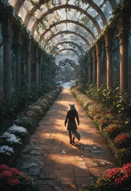 score_9, score_8_up, score_7_up,  fullbody, 1girl, furry, anthro, gray fur, wolf tail, wolf, solo, fullbody, backview, looking arround in wonder, masterpiece, best quality, very aesthetic, close up, gray hair, gray twin braids, green eyes, standing in the ruins of botanic garden with glass ceiling, overgrown, trees, frozen flowers, plants,  broken glas, snow patches ray of light, dark sky, low light, white snow, (postapocalyptic city), d, dark, worried, concerne, ragged winter clothes