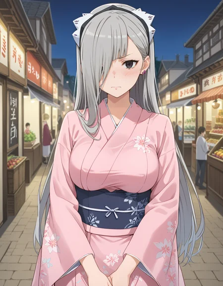 score_9, score_8_up, score_7_up, source_anime, high res image, masterpiece, best quality, BREAK
1girl, looking at viewer, embarrassed, shy, blurry background, giving hand,
<lora:horn-danmachi_s5-anime-soralz:0.6>, horn (danmachi s5), long hair, grey hair, hair over one eye, black eyes, earrings, jewelry, maid headdress, big breasts, medium breasts,
<lora:colorkimonoPony:1.3>, pink kimono, wide sleeves, long sleeves, obi, sash, floral print,
dark, night, market stall,