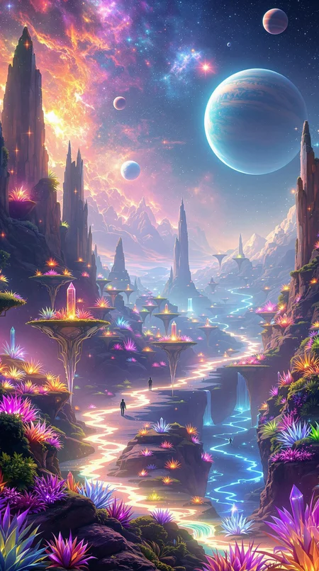 In a stunning celestial tableau, a distant planet's landscape unfolds: towering, iridescent flora illuminates against a backdrop of floating islands suspended within a radiant nebula. Crystalline formations and glowing, extraterrestrial plants mingle amidst rivers of shimmering liquid light, casting an ethereal glow across the terrain. In the distance, luminescent creatures blend seamlessly with the fantastical environment, as multiple moons and a giant, ringed planet dot the horizon, further elevating the surreal beauty of this alien world.
