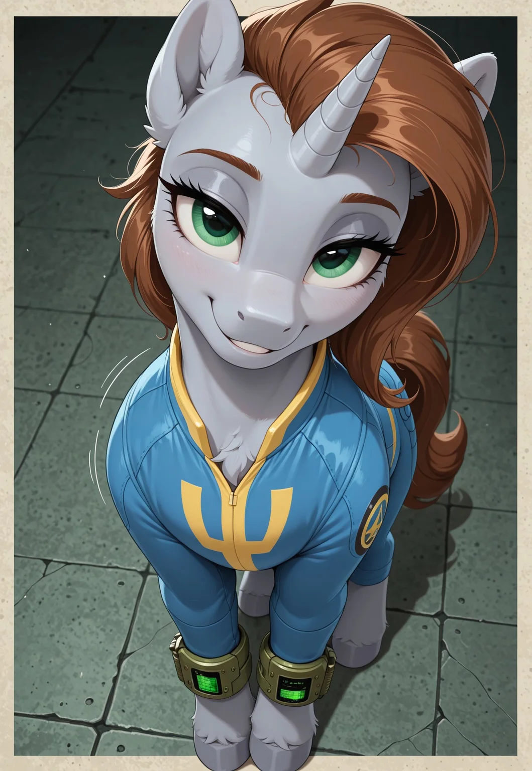 masterpiece, best quality, amazing quality, very aesthetic, absurdres, newest, <lora:Ponut_Paradise:0.30>, p0nuts, dutch angle, motion lines, abstract background, pattern background, gradient background, outside border, thick border, detailed fur,
1girl, solo, littlepip, pony, unicorn, gray body, green eyes, brown hair, vault suit, pip boy, my little pony, fallout equestria, feral, mare, quadruped, anatomically correct, high angle, from above, pov, motion lines, head tilt, half-closed eyes, looking at viewer, hooves, pleased, smile, solo