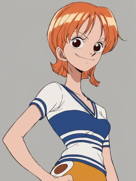 <lora:NamiPony1.0:1> nami, 1girl, short hair, orange hair, solo, striped shirt, yellow skirt, looking at viewer, smile, brown eyes, upper body,hand on own hip,smile, score_9,simple background, score_8_up, score_7_up, score_6_up