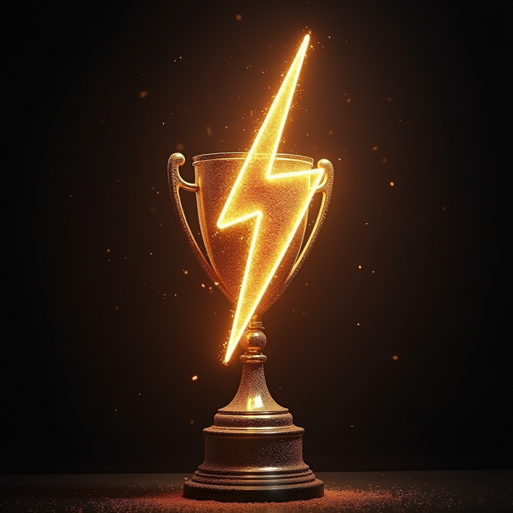 a lightning bolt trophy, elaborate, exquisite, shiny, sparkling, glowing, magical dust