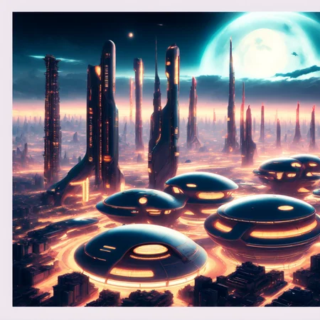 (atompunk style:1) an artist's rendering of a futuristic city at night <lora:Atompunk:0.8>