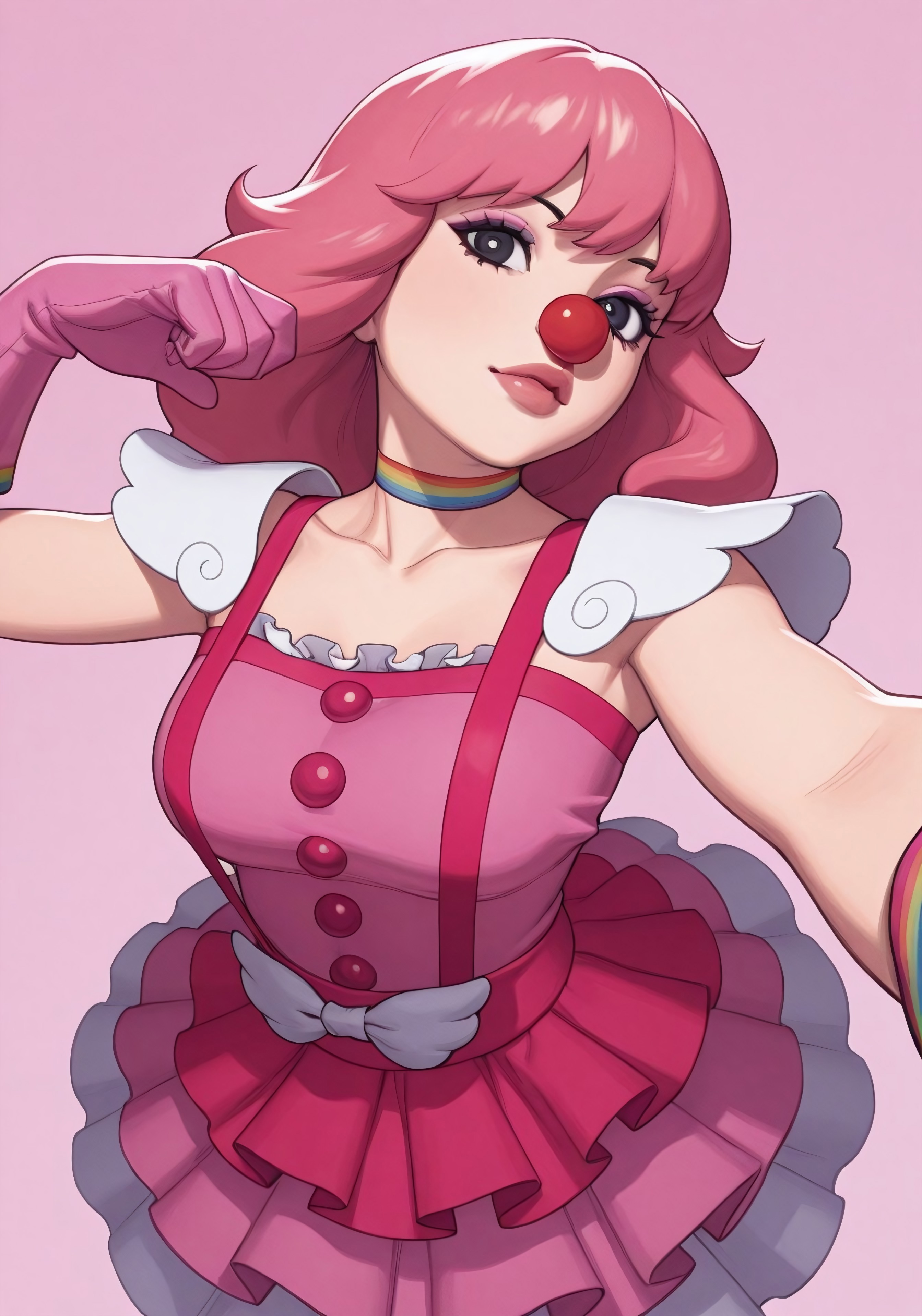 geirutoneido, masterpiece, best quality, newest, absurdres, highres, 1girl, solo,  pink hair, clown, pink gloves,   dynamic angle, foreshortening, dress, sleeveless, medium breasts, medium hair,  suspenders, multicolored clothes, black eyes, eyeshadow, choker, makeup, glossy lips, frilled dress,