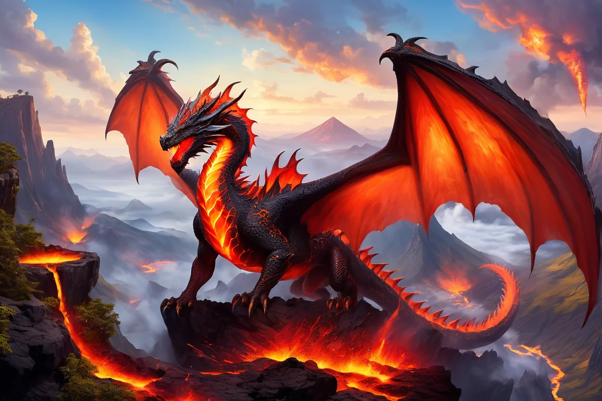 magma dragon on top of a volcanic cliff watching over a valley
<lora:Classic Western Dragons XL:0.5>