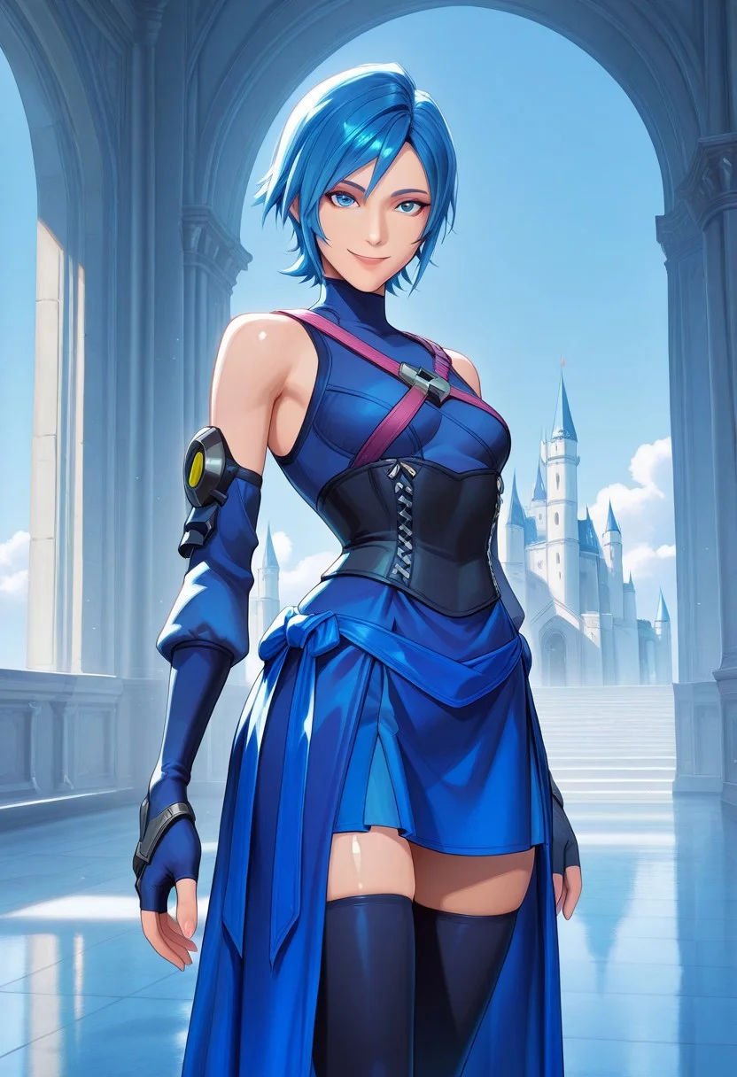 (score_9, score_8_up:1.1), score_7_up, 8k, masterpiece, high quality, extremely detailed, MarvelRivals, semi realistic, cartoon, <lora:AMarvelRivals_style-06:1>,
prefect lighting, very aesthetic, intricate details, highly detailed background, masterpiece, high quality, perfect hands, best quality, 1girl, solo, slim, skinny, small breasts, aquakh, short hair, blue hair, blue eyes, bare shoulders, detached sleeves, turtleneck, corset, sleeveless, gloves, blue skirt, fingerless gloves, long sleeves, dress, black thighhighs, strap, smile, looking at viewer, indoors, castle, blue sky, cowboy shot,
cold soft lighting, shiny skin, perfect reflection, perfect lighting, perfect shadows, perfect anatomy, perfect chest, perfect hips, perfect legs and feet, perfect hands, perfect face, perfect eyes, perfect waist, perfect body, perfect face shape, perfect mouth, perfect hair, perfect waist, best quality, detailed hair, expressive eyes, sexy, long legs, slim body
